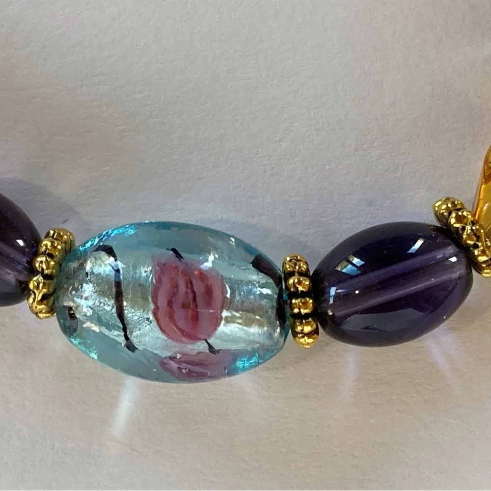 HAND CRAFTED Lamp-worked Glass Czech Crystal Beaded BRACELET Gold 7” NWT